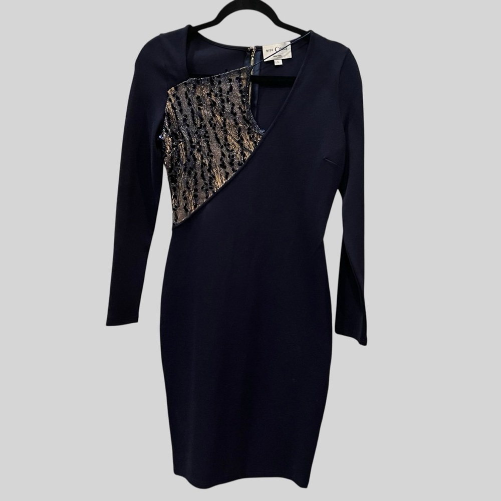 Miss Circle Cut out Navy Blue Long Sleeve Stretch Crepe Dress.